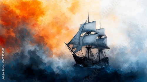 A majestic ship sails through dramatic clouds of orange and blue, evoking a sense of adventure and the open sea.