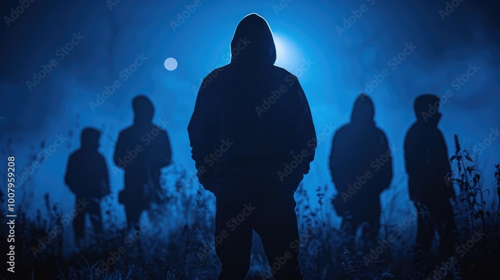 Silhouettes of hooded figures in a blue night Silhouettes of hooded figures in a blue night