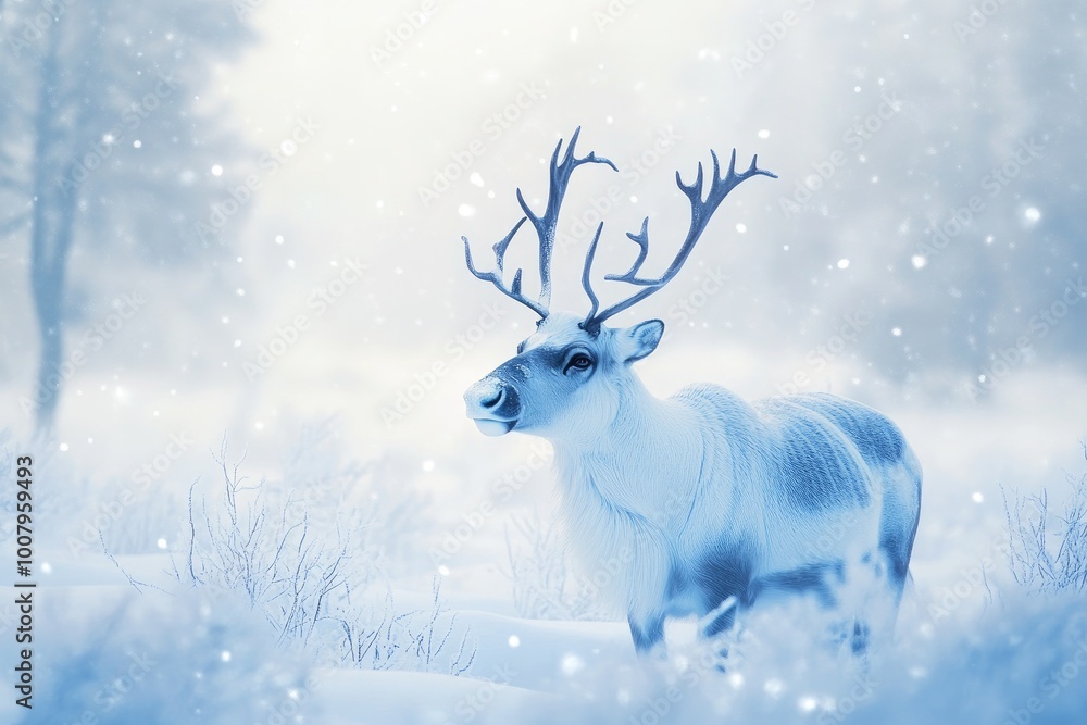 Reindeer in a Snowy Winter Forest with Falling Snow Reindeer in a Snowy Winter Forest with Falling Snow