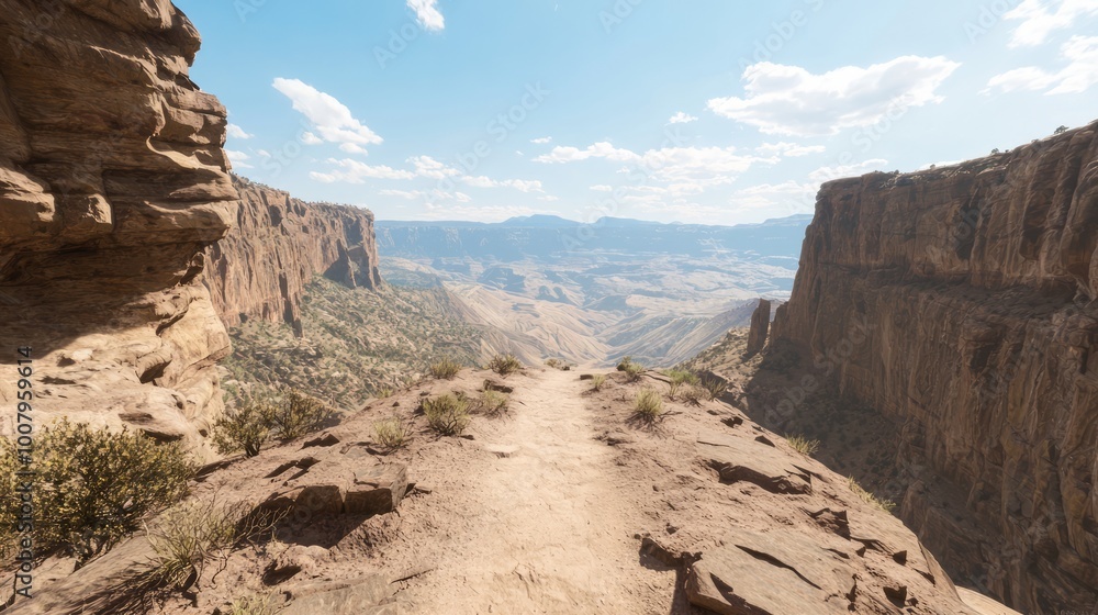 Fototapeta premium Majestic Mountain Trail - Awe-Inspiring Overlook on a Rugged Path through Sheer Cliffs and Vast Valleys