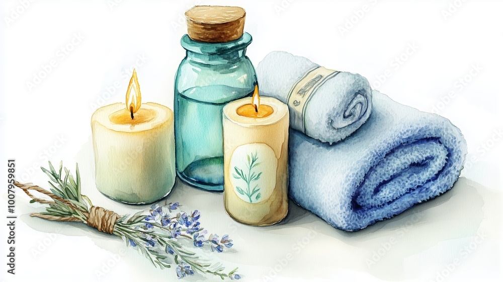 Relaxing spa arrangement with candles, essential oils, towels, and lavender on a serene backdrop Relaxing spa arrangement with candles, essential oils, towels, and lavender on a serene backdrop