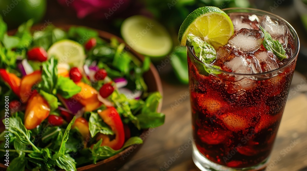 A refreshing glass of probiotic soda with ice and a slice of lime, placed next to a vibrant salad. This colorful display showcases a healthy and invigorating meal option A refreshing glass of probiotic soda with ice and a slice of lime, placed next to a vibrant salad. This colorful display showcases a healthy and invigorating meal option