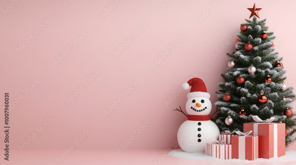 A festive scene featuring a cheerful snowman in a Santa hat beside a Christmas tree adorned with ornaments and wrapped presents against a pink background. A festive scene featuring a cheerful snowman in a Santa hat beside a Christmas tree adorned with ornaments and wrapped presents against a pink background.
