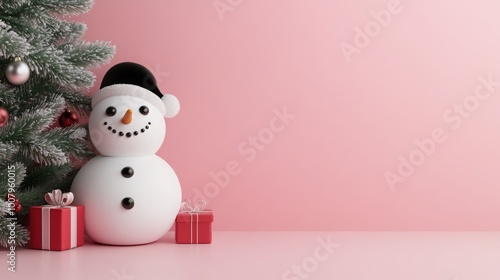 A cheerful snowman in a black hat stands beside a decorated Christmas tree and colorful gift boxes against a pink background.