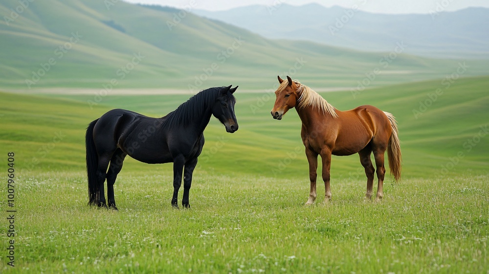 Two horses standing in a green meadow with rolling hills in the background. Two horses standing in a green meadow with rolling hills in the background.