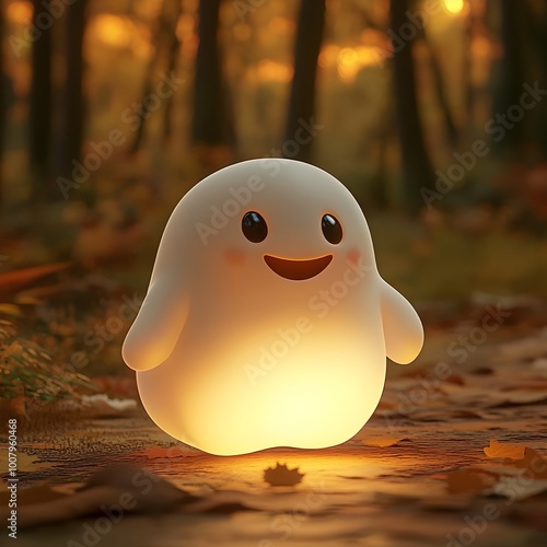 Cheerful Glowing Halloween Ghost in Autumn Woodland Setting photo