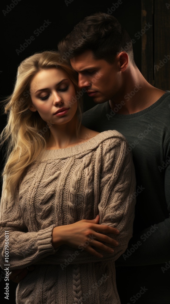 Intimate Couple Embracing in Cozy Knit Sweaters Against Dark Background Intimate Couple Embracing in Cozy Knit Sweaters Against Dark Background