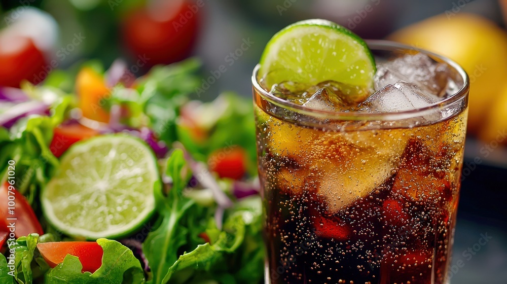 A refreshing glass of probiotic soda with ice and a slice of lime, placed next to a vibrant salad. This colorful display showcases a healthy and invigorating meal option A refreshing glass of probiotic soda with ice and a slice of lime, placed next to a vibrant salad. This colorful display showcases a healthy and invigorating meal option