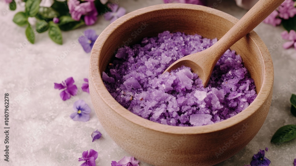 A wooden bowl filled with purple bath salts surrounded by fresh flowers, creating a calming, spa-like atmosphere. A wooden bowl filled with purple bath salts surrounded by fresh flowers, creating a calming, spa-like atmosphere.