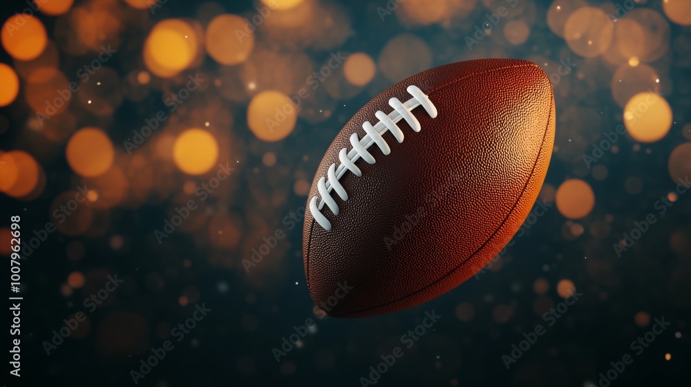 A close-up of a textured football against a shimmering, blurred background filled with warm bokeh lights. A close-up of a textured football against a shimmering, blurred background filled with warm bokeh lights.