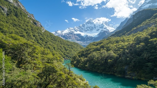 Majestic Glacier-fed Turquoise Lake Nestled Among Rugged Mountains and Lush Forests