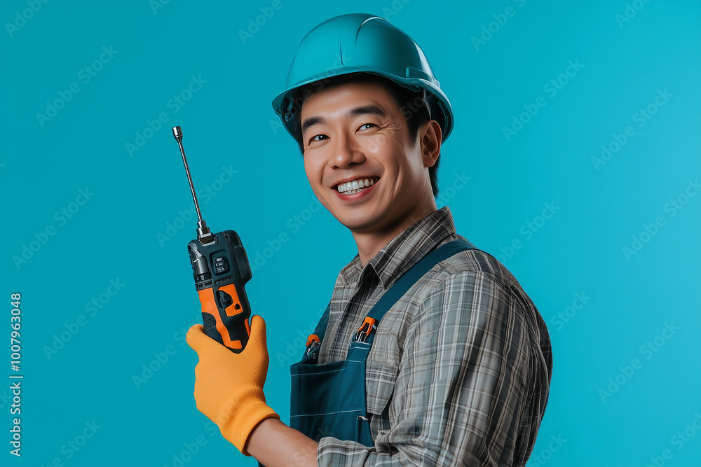 a man in a hard hat holds an antenna with a blue background a man in a hard hat holds an antenna with a blue background