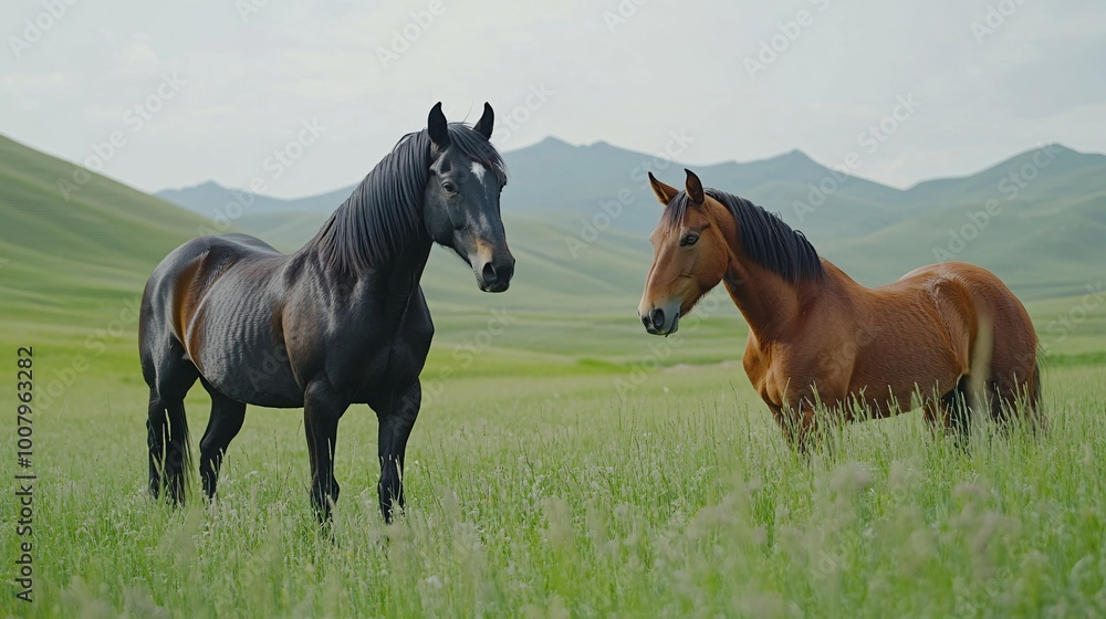 Two Horses Standing in a Lush Green Meadow with Rolling Hills in the Background Two Horses Standing in a Lush Green Meadow with Rolling Hills in the Background
