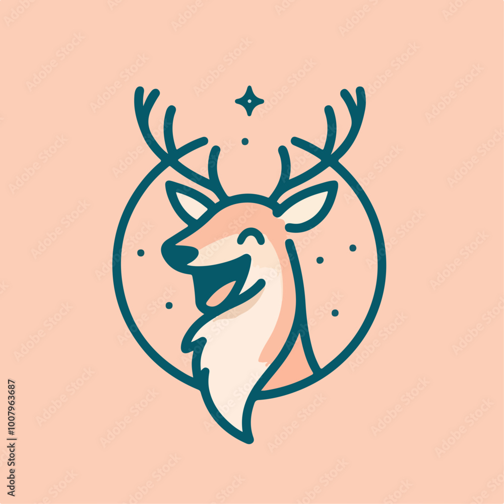 cute Laughing deer in childish style with smile muzzle, horns and eyes. Funny wild animal with happy face. Vector flat illustration for holidays cute Laughing deer in childish style with smile muzzle, horns and eyes. Funny wild animal with happy face. Vector flat illustration for holidays
