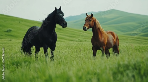 Two Horses in a Lush Green Field photo