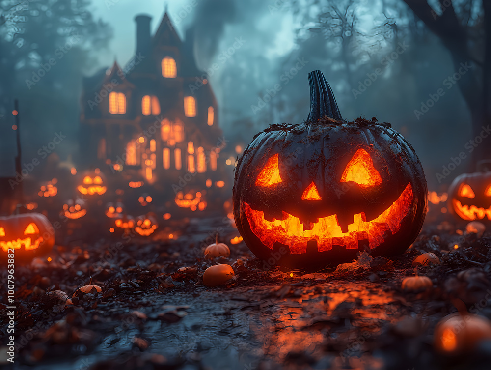 Naklejka premium Spooky Halloween Night Scene Featuring Glowing Jack-o'-Lanterns in Front of an Abandoned Mansion, Perfect for Capturing the Essence of Fall Festivities