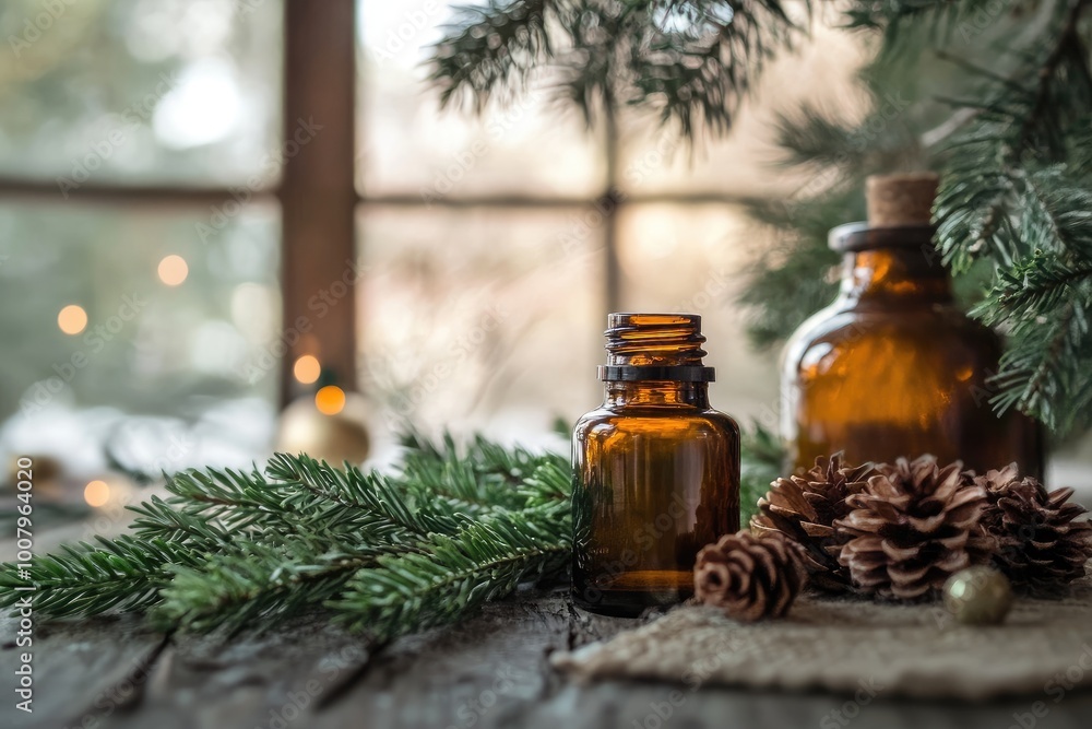 Pine Essential Oil Bottles on Rustic Wooden Surface Pine Essential Oil Bottles on Rustic Wooden Surface