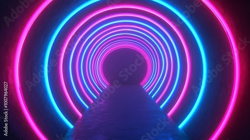 A vibrant tunnel illuminated with blue and pink neon lights, creating a dynamic and futuristic atmosphere.
