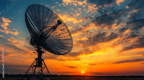 large satellite dish stands alone in an open field at sunset, symbolizing communication, exploration, and technological advancement against a serene, nature-filled backdrop, bridging the modern and th