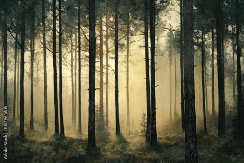 A Golden Light Filters Through the Silhouetted Trees in a Misty Forest