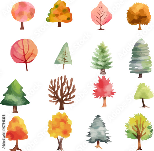 a set of watercolor trees and bushes