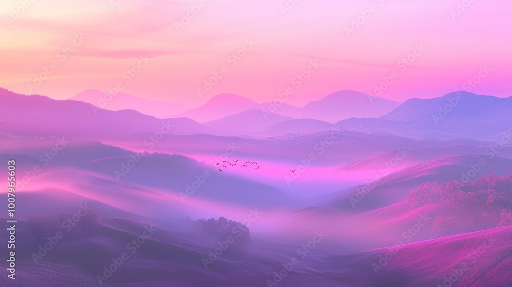 Fototapeta premium Tranquil Valley Awakening: Vibrant Dawn, Misty Hills, Birds in Flight