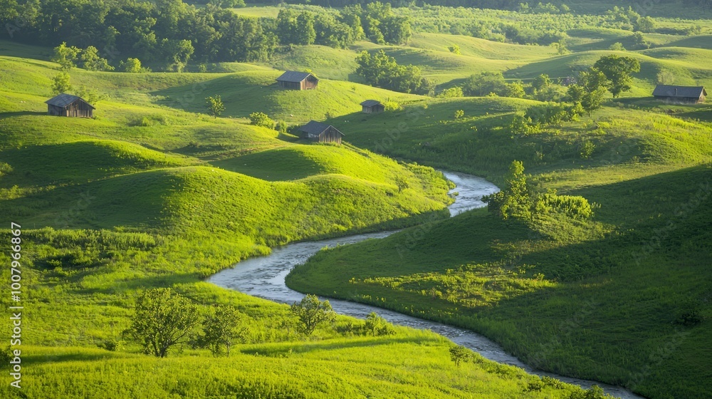 Obraz premium Tranquil Countryside Vista: Rolling Hills, Meandering Stream, and Rustic Farmhouses Scenery
