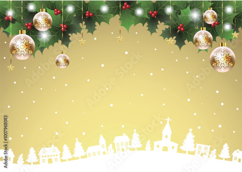 柊とオーナメントのあるクリスマス背景、街並み、金、かわいい、イラスト、横
