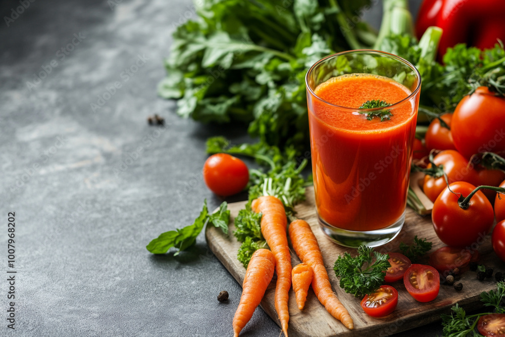 Fresh carrot juice in glass and vegetables on table Fresh carrot juice in glass and vegetables on table