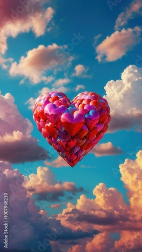 Large heart-shaped balloon made of smaller hearts floating in cloudy sky