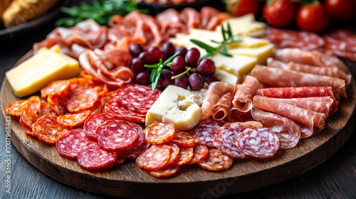 gourmet platter featuring an assortment of sliced salami, prosciutto, and fresh cheese. The vibrant presentation evokes a sense of indulgence, quality, and traditional culinary craftsmanship