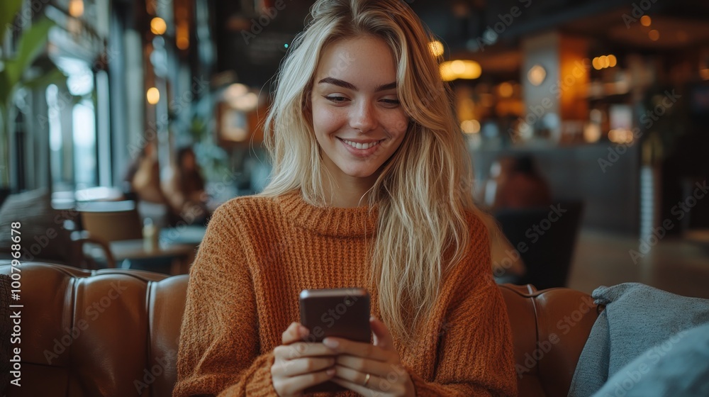 A woman in a cozy sweater smiles while using her smartphone. A woman in a cozy sweater smiles while using her smartphone.