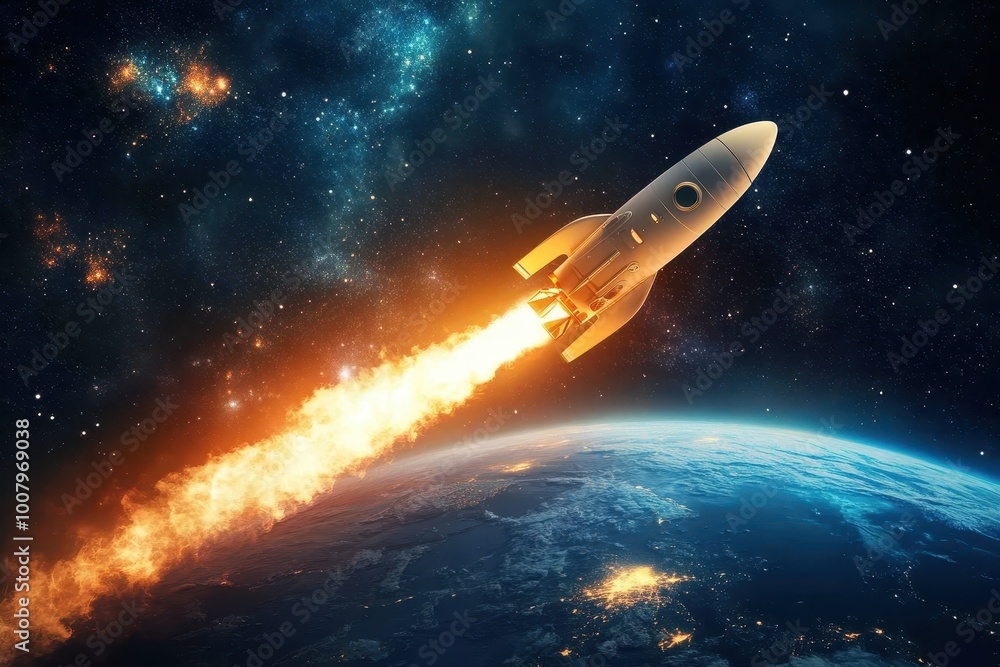 Naklejka premium Rocket Ship Launching into Space with Bright Flames