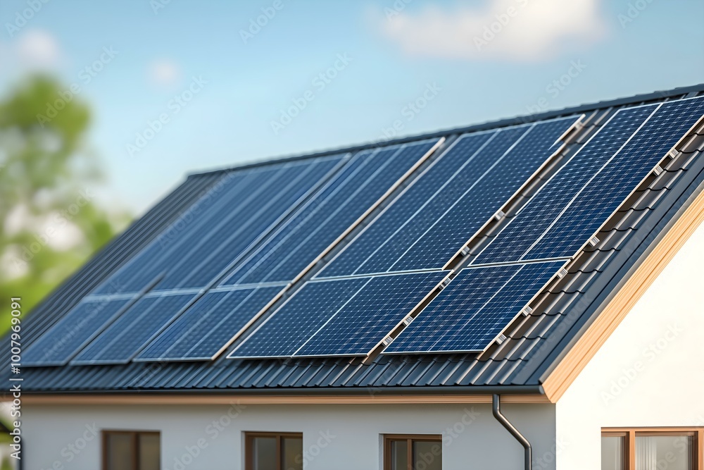 A row of the house with solar panels on a roof A row of the house with solar panels on a roof