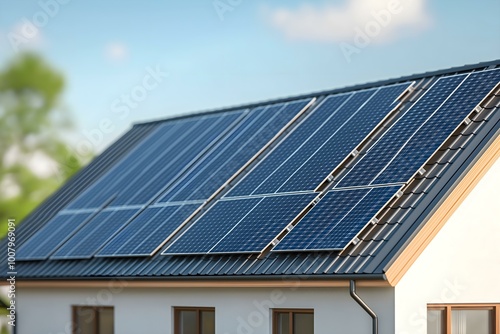 A row of the house with solar panels on a roof