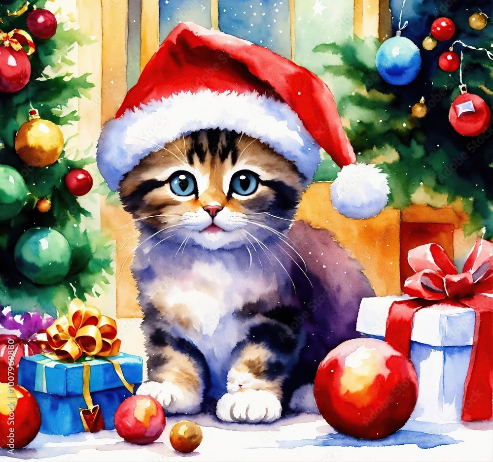 Drawing of a little kitten wearing a Santa hat with a Christmas tree and presents and festive lights in the background Drawing of a little kitten wearing a Santa hat with a Christmas tree and presents and festive lights in the background