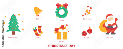 Christmas Day Flat Banner Web Icon Set Vector Illustration, Christmas Tree Tinsel Bells Baubles Santa Claus Gift Box Socks Candy Cane