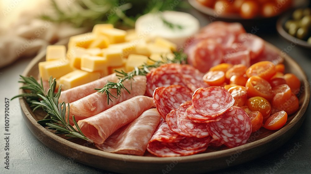 gourmet platter featuring an assortment of sliced salami, prosciutto, and fresh cheese. The vibrant presentation evokes a sense of indulgence, quality, and traditional culinary craftsmanship gourmet platter featuring an assortment of sliced salami, prosciutto, and fresh cheese. The vibrant presentation evokes a sense of indulgence, quality, and traditional culinary craftsmanship