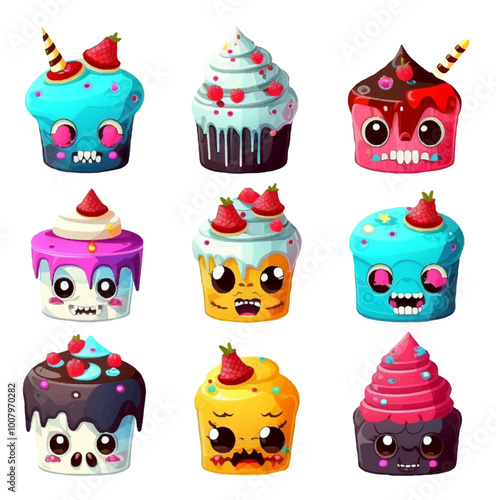 Set of Cartoon Cupcakes With Different Faces. Generative AI