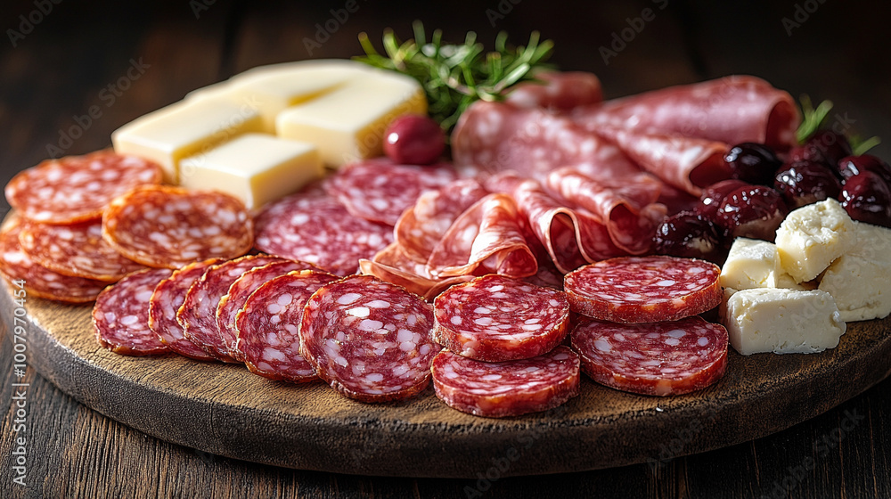 gourmet platter featuring an assortment of sliced salami, prosciutto, and fresh cheese. The vibrant presentation evokes a sense of indulgence, quality, and traditional culinary craftsmanship gourmet platter featuring an assortment of sliced salami, prosciutto, and fresh cheese. The vibrant presentation evokes a sense of indulgence, quality, and traditional culinary craftsmanship
