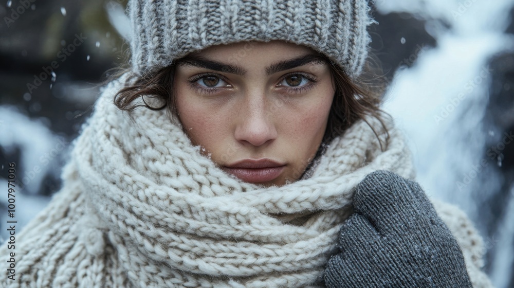 model styled with multiple layers of knitted clothing, including a beanie, scarf, and fingerless gloves model styled with multiple layers of knitted clothing, including a beanie, scarf, and fingerless gloves