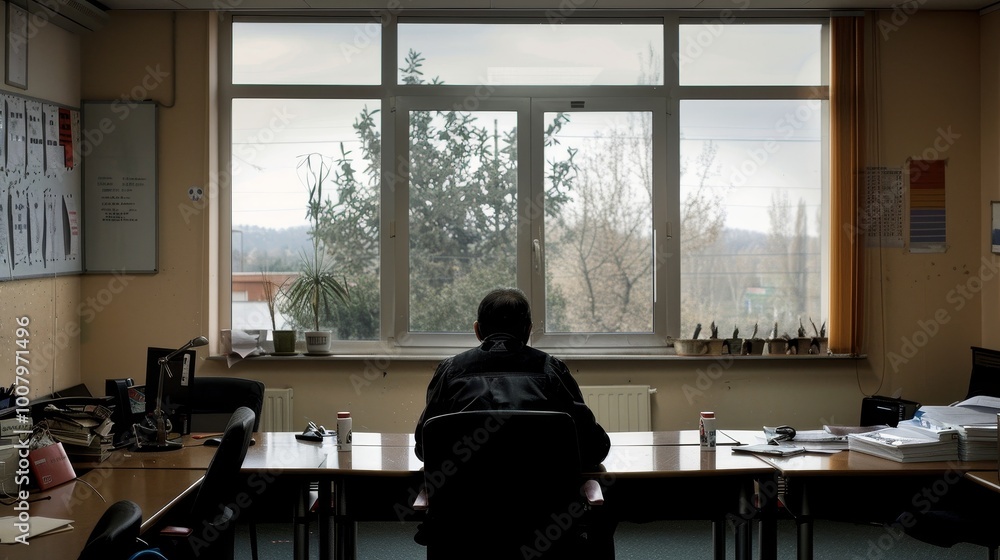Fototapeta premium Man sitting alone in an empty office, gazing at an empty desk with a few personal items, symbolizing job loss and layoffs, conveying a sense of uncertainty and reflection.