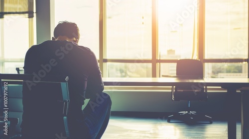 Man sitting alone in an empty office, gazing at an empty desk with a few personal items, symbolizing job loss and layoffs, conveying a sense of uncertainty and reflection.