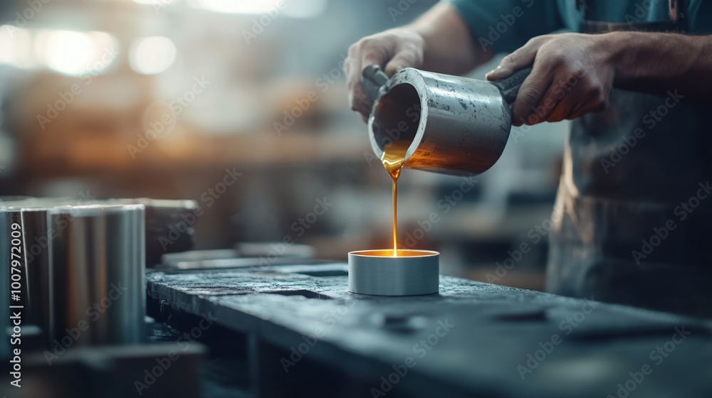 Fototapeta premium Craftsman pouring molten metal into a mold in a workshop environment.