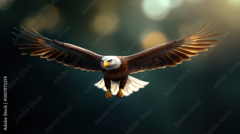 Naklejka premium Eagle in flight, majestic wings spread wide against a blurred green background.