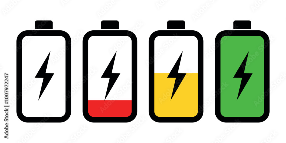 Collection of battery charge indicators with red, yellow and green energy levels Collection of battery charge indicators with red, yellow and green energy levels