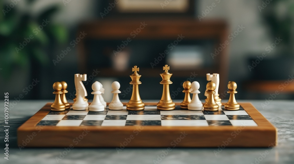 Elegant chess pieces on a wooden board, with a blurred background. Elegant chess pieces on a wooden board, with a blurred background.