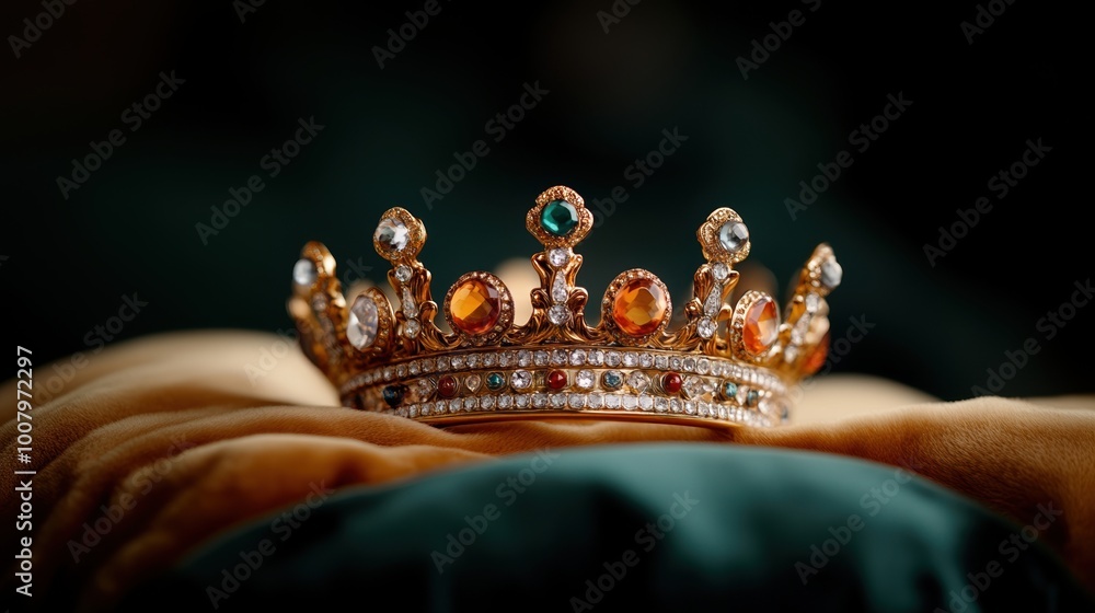 Elegant crown resting on a soft cushion, showcasing intricate gems and detailed design. Elegant crown resting on a soft cushion, showcasing intricate gems and detailed design.