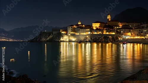 Wallpaper Mural A beautiful coastal town at night, illuminated buildings reflecting on calm water with mountains in the background. Torontodigital.ca