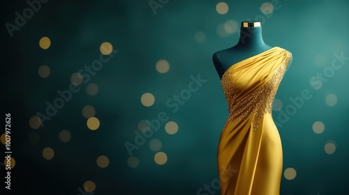 Elegant yellow dress on a mannequin with a dreamy bokeh background.